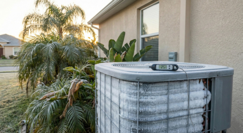 An outdoor HVAC unit in Lakeland, Florida, with frost on the coils during the 2026 record freeze