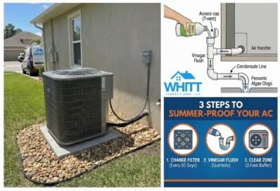 A Whitt Inspections van parked next to a clean outdoor residential HVAC condenser unit in Lakeland, Florida, alongside a diagram showing how to flush a condensate drain line with white vinegar, and an infographic detailing three steps to summer-proof an AC unit.